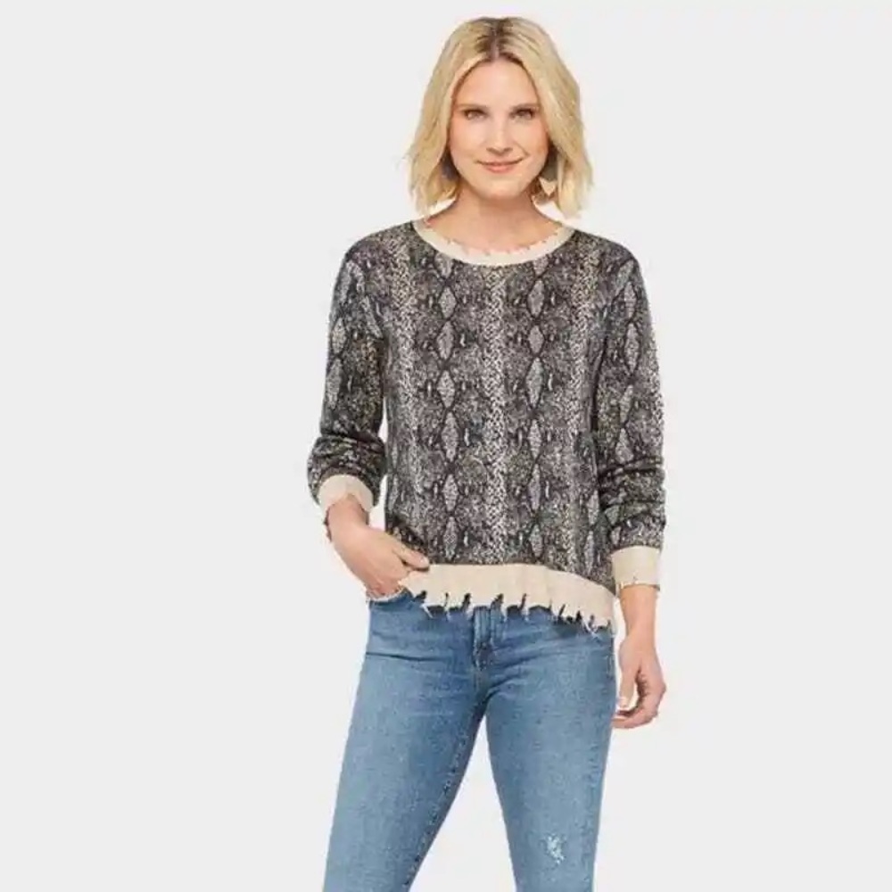FATE Vici Sweater Destroyed Snake Print Crewneck Pullover